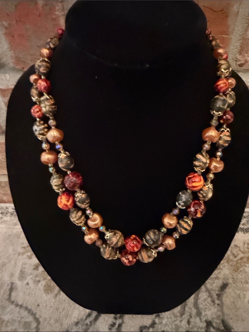 Boho Double Strand Beaded Statement Necklace Copper Burgundy Brown
